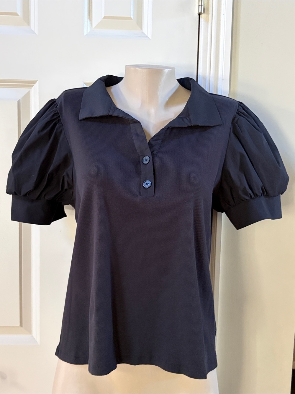 Bailey 44 Black Puff Sleeve Henley Button-Down Top, XL
